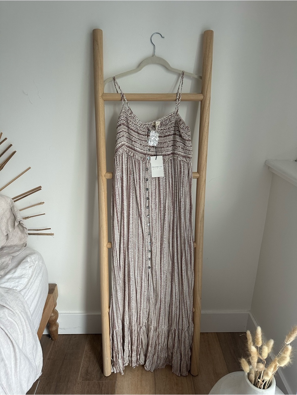 Promesa Striped Smocked Maxi Dress in Cream and Brown